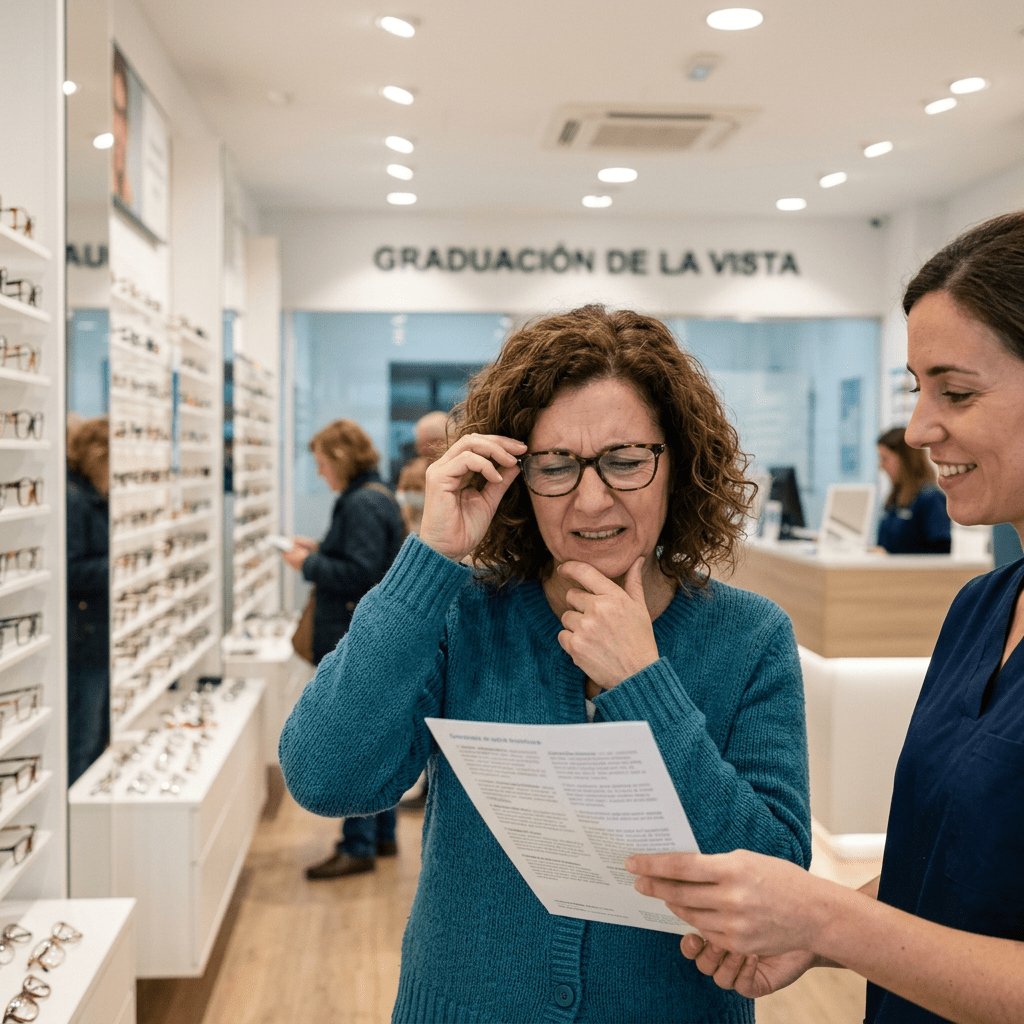 Woman wearing glasses looking confused while reading paper with optician explaining