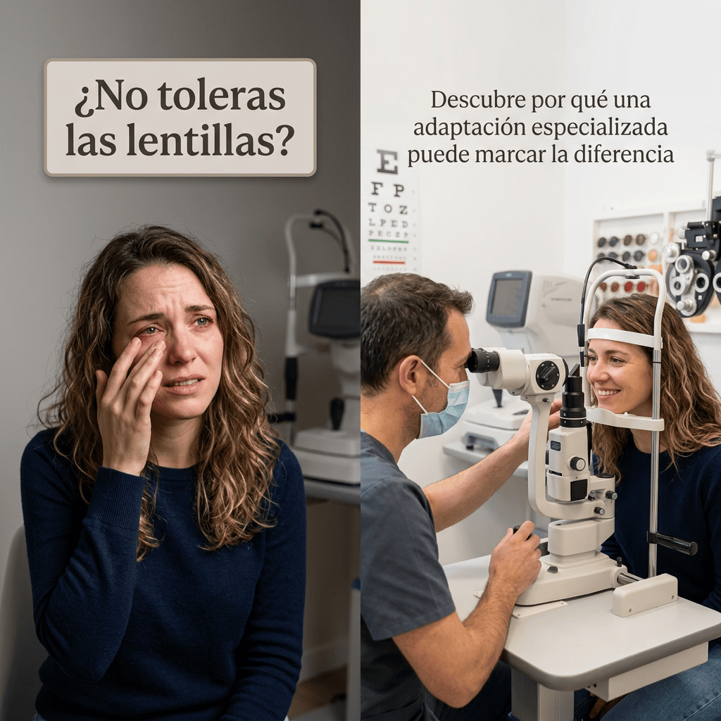 Split image with a woman rubbing her eye and an eye examination; Spanish text reads “¿No toleras las lentillas?” and “Descubre por qué una adaptación especializada puede marcar la diferencia”
